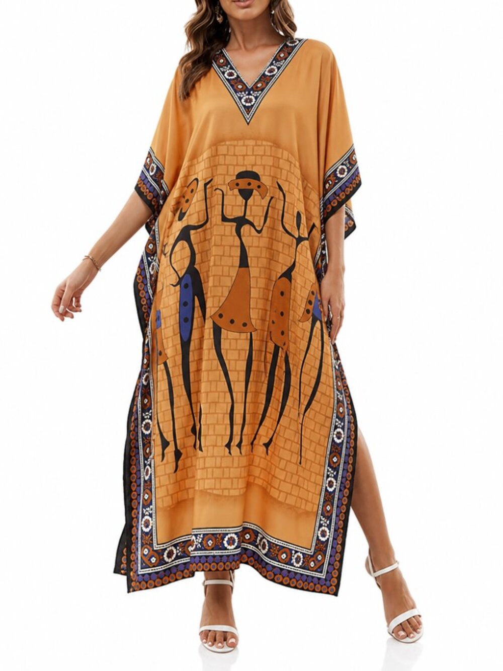 Women Plus Size Fit and Flare Tribal Printed Yellow Kaftan Dress by Gypsie Blu
